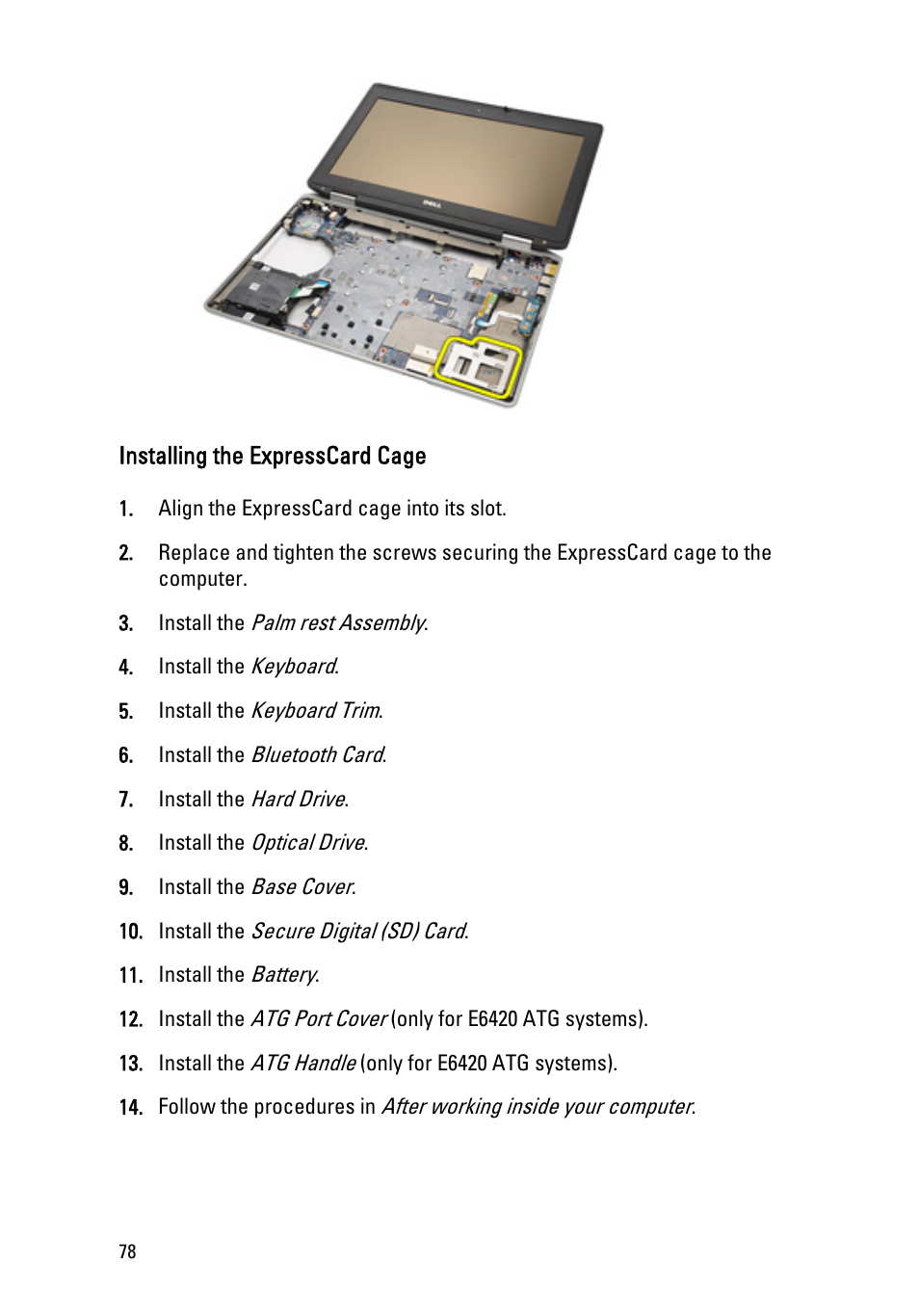 Installing the expresscard cage | Dell Latitude E6420 ATG (Early 2011) User Manual | Page 78 / 145