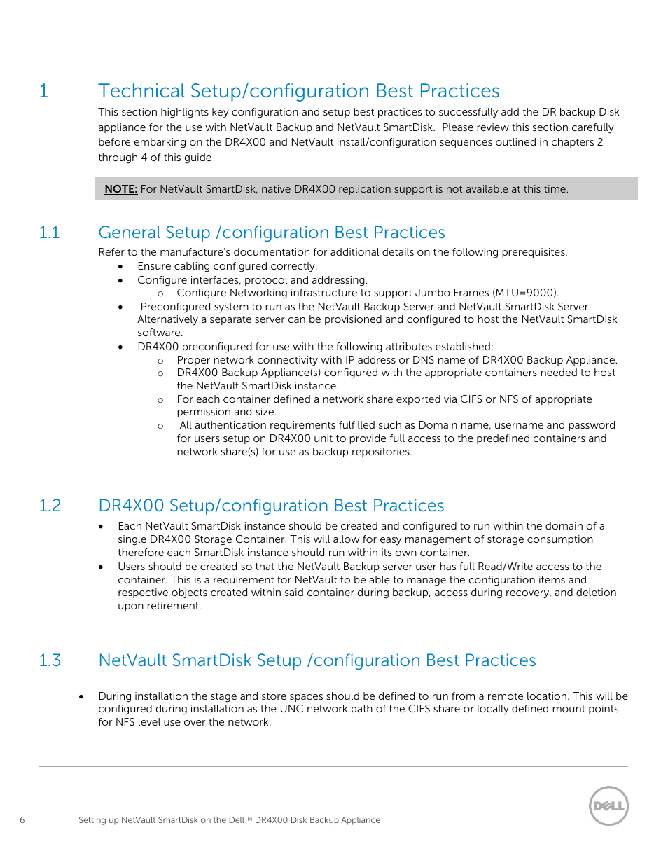 Technical setup/configuration best practices, General setup /configuration best practices, Dr4x00 setup/configuration best practices | Netvault setup /configuration best practices, 1technical setup/configuration best practices, 1 general setup /configuration best practices, 2 dr4x00 setup/configuration best practices | Dell DR4000 User Manual | Page 6 / 37