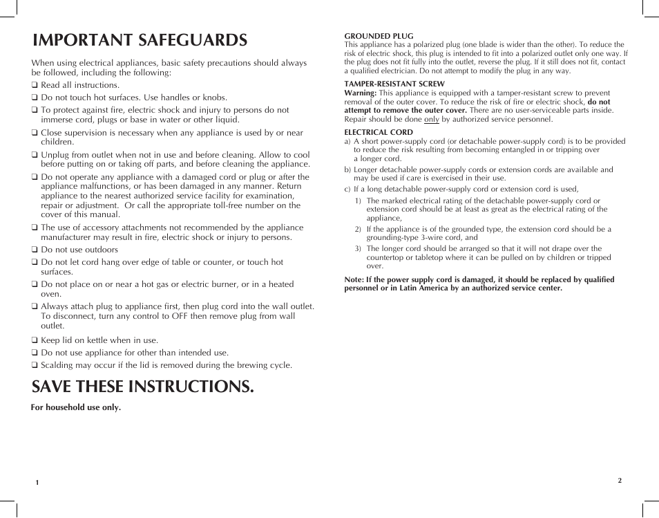 Important safeguards, Save these instructions | Black & Decker JKC660BC User Manual | Page 2 / 15
