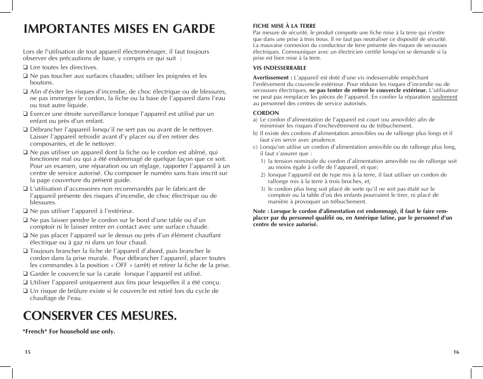 Importantes mises en garde, Conserver ces mesures | Black & Decker JKC660BC User Manual | Page 9 / 15