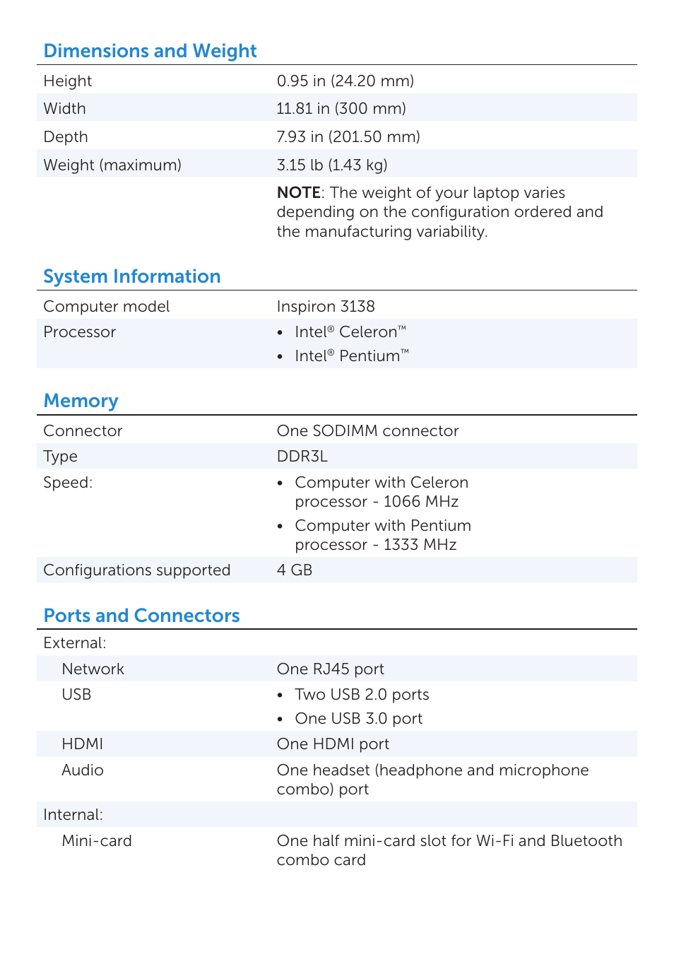 Dimensions and weight, System information, Ports and connectors | Dell Inspiron 11 (3138, Late 2013) User Manual | Page 2 / 6