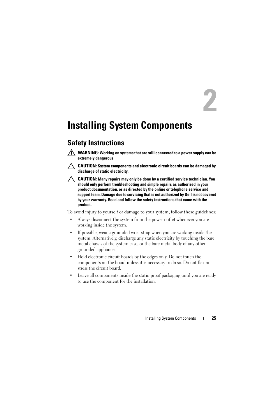 Installing system components, Safety instructions | Dell PowerEdge C8000 User Manual | Page 25 / 82