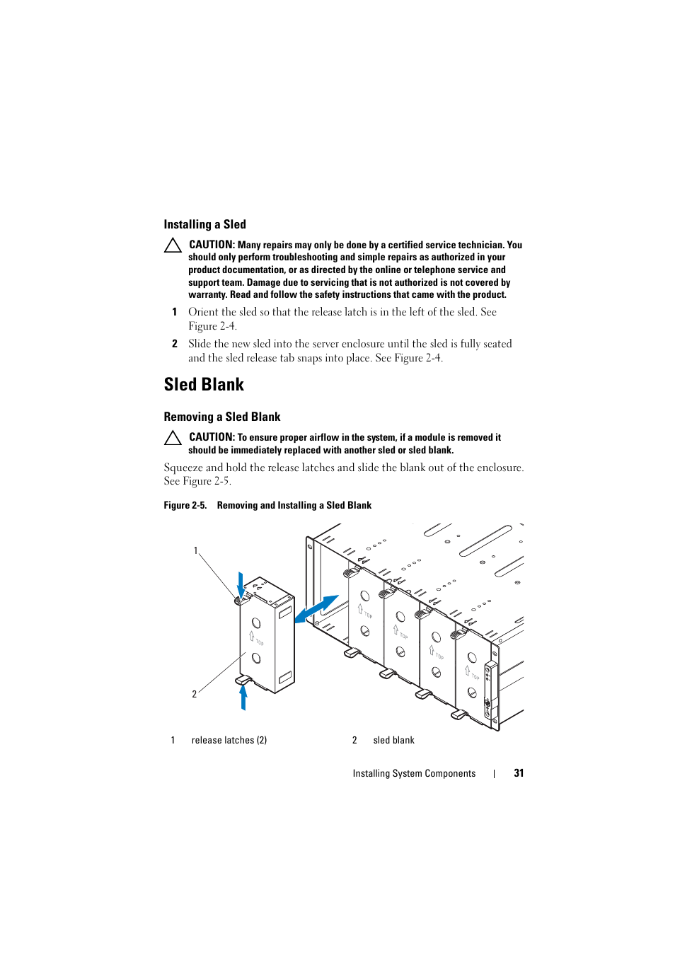 Installing a sled, Sled blank, Removing a sled blank | Dell PowerEdge C8000 User Manual | Page 31 / 82