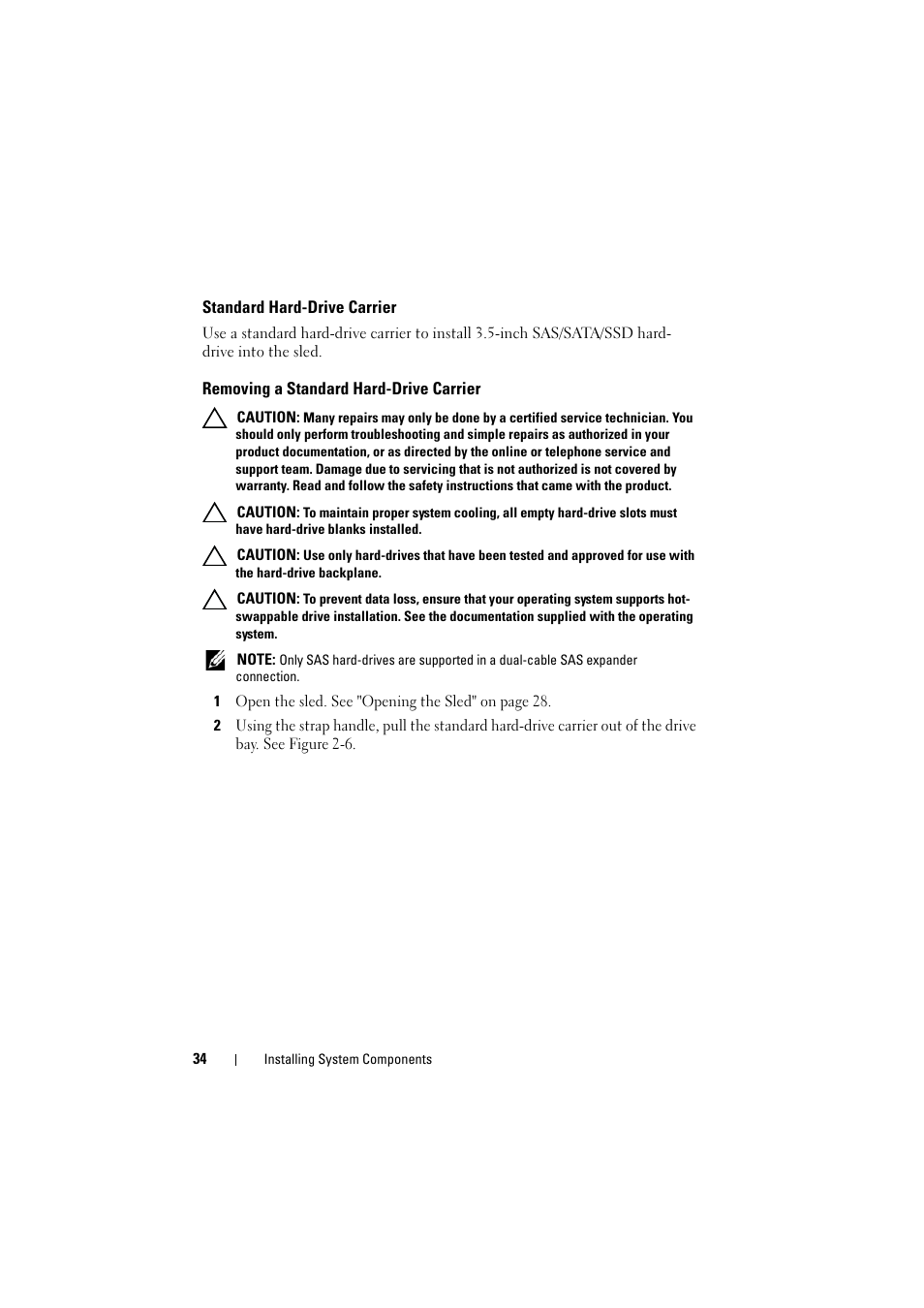 Standard hard-drive carrier, Removing a standard hard-drive carrier | Dell PowerEdge C8000 User Manual | Page 34 / 82