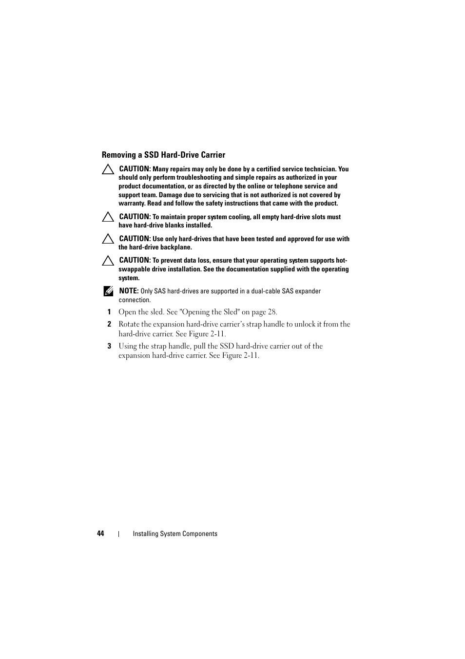 Removing a ssd hard-drive carrier, Removing a ssd hard-drive | Dell PowerEdge C8000 User Manual | Page 44 / 82