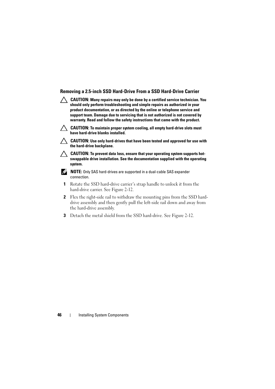 Removing a 2.5-inch ssd hard-drive, From a ssd hard-drive carrier | Dell PowerEdge C8000 User Manual | Page 46 / 82