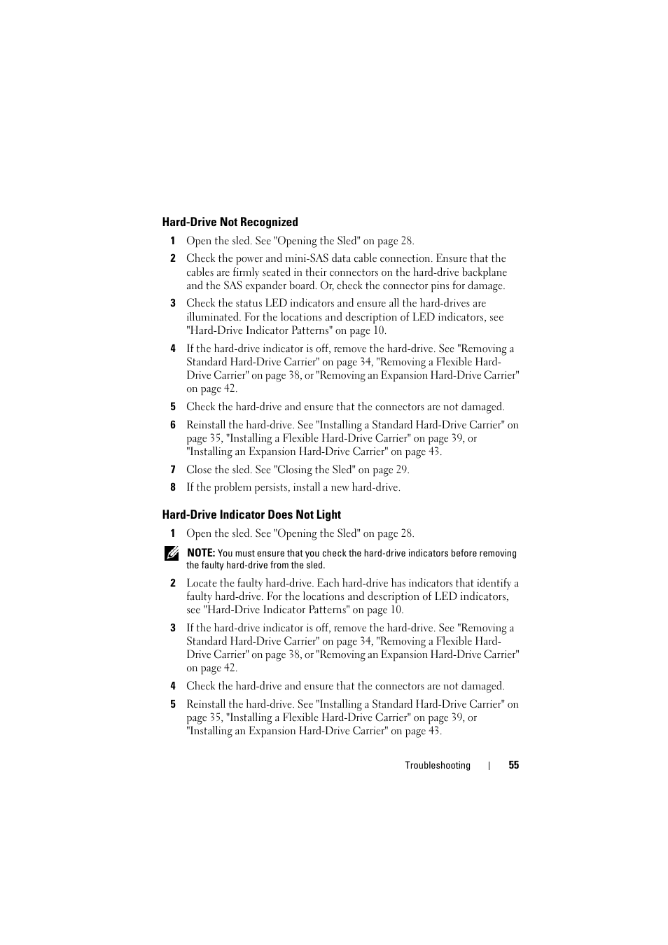 Hard-drive not recognized, Hard-drive indicator does not light | Dell PowerEdge C8000 User Manual | Page 55 / 82