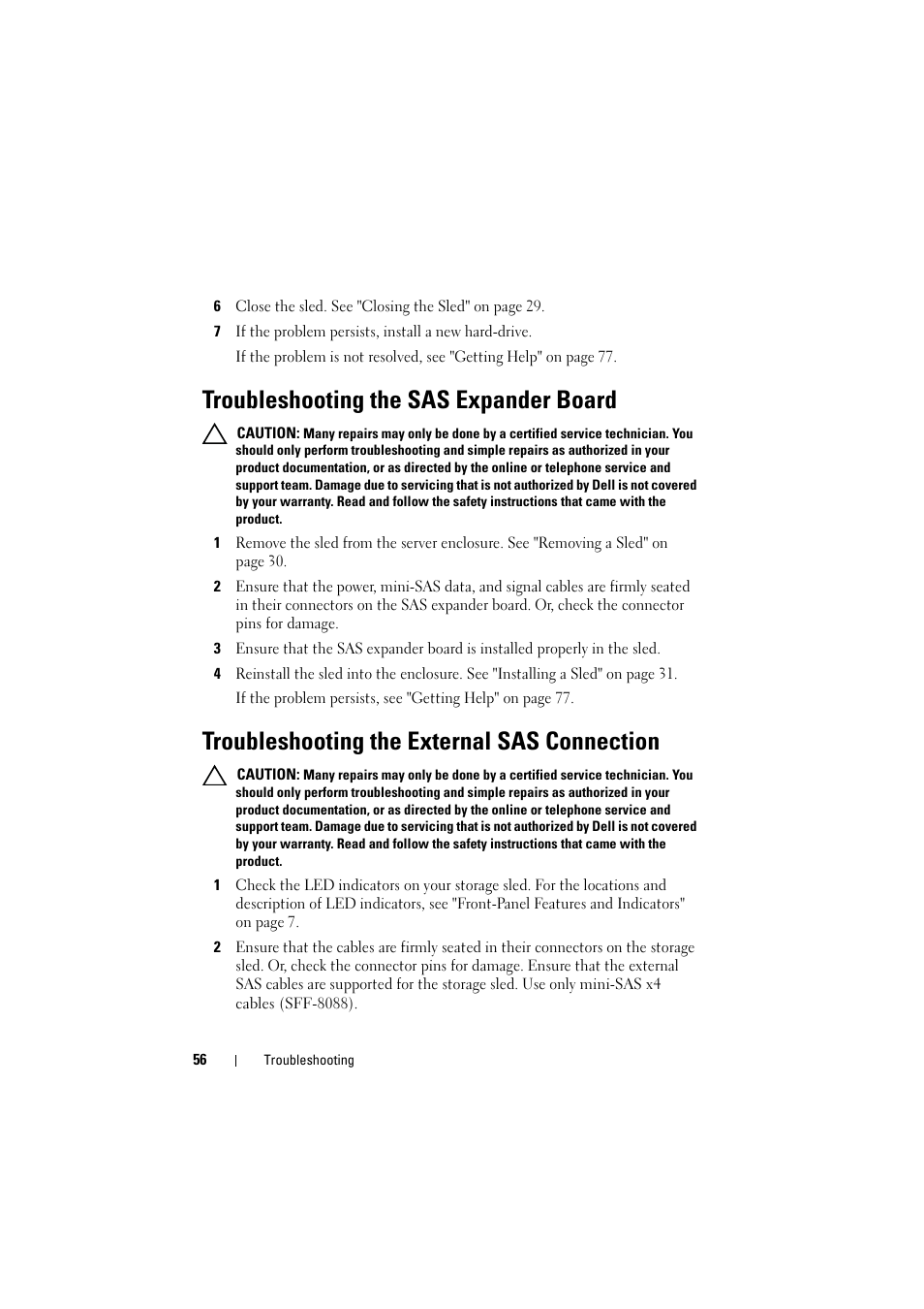 Troubleshooting the sas expander board, Troubleshooting the external sas connection | Dell PowerEdge C8000 User Manual | Page 56 / 82