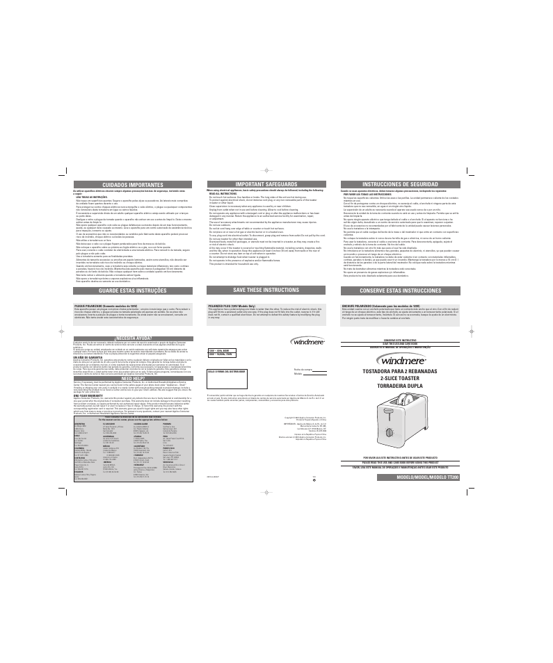 Important safeguards, Save these instructions, Instrucciones de seguridad | Conserve estas instrucciones cuidados importantes, Guarde estas instruções | Black & Decker TT200 User Manual | Page 2 / 2
