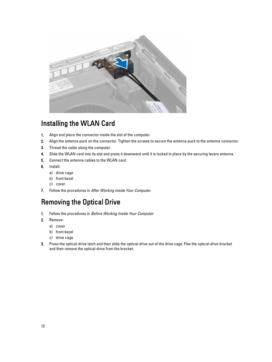 Installing the wlan card, Removing the optical drive | Dell OptiPlex 9020 (Mid 2013) User Manual | Page 12 / 59