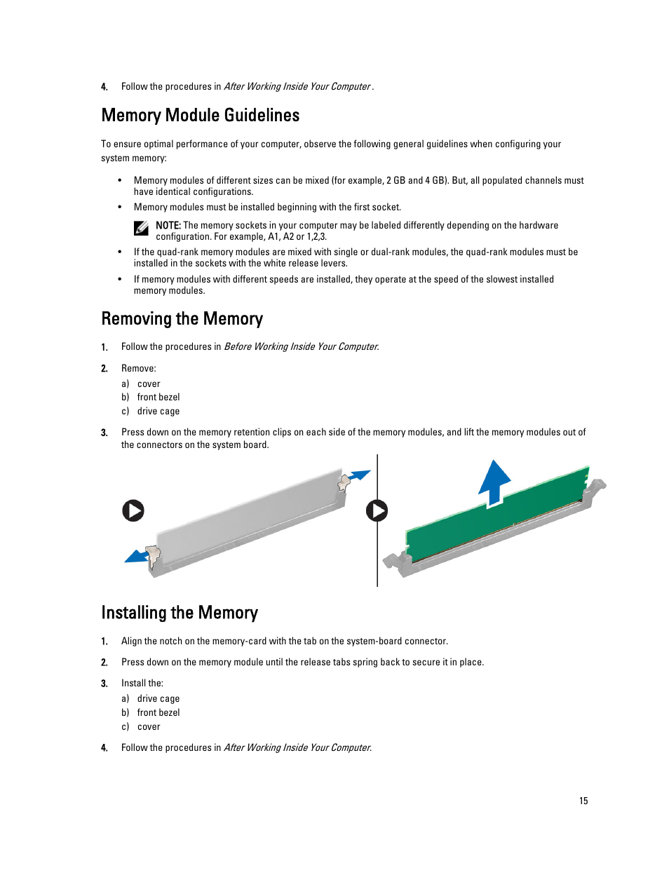 Memory module guidelines, Removing the memory, Installing the memory | Dell OptiPlex 9020 (Mid 2013) User Manual | Page 15 / 59
