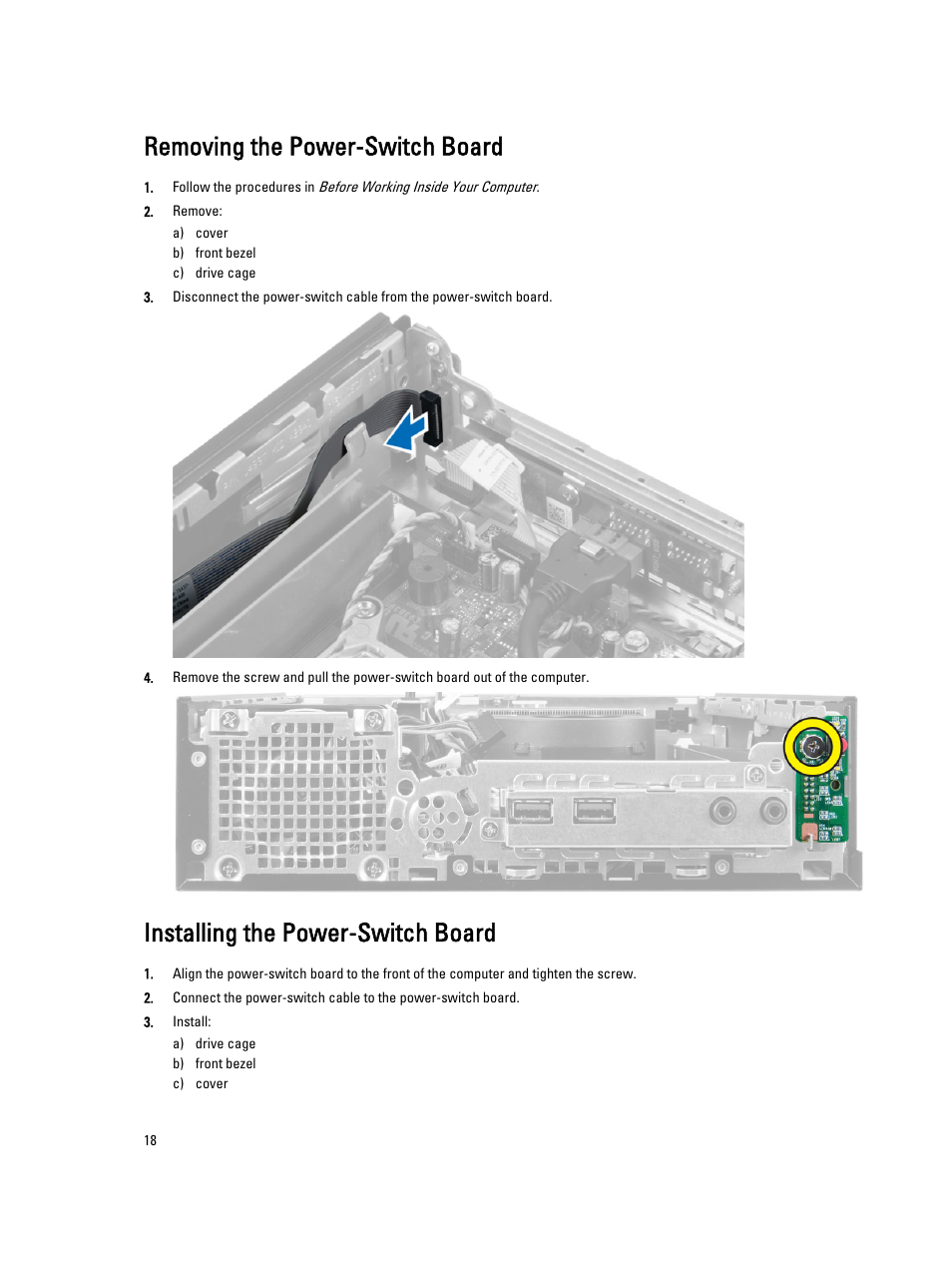 Removing the power-switch board, Installing the power-switch board | Dell OptiPlex 9020 (Mid 2013) User Manual | Page 18 / 59