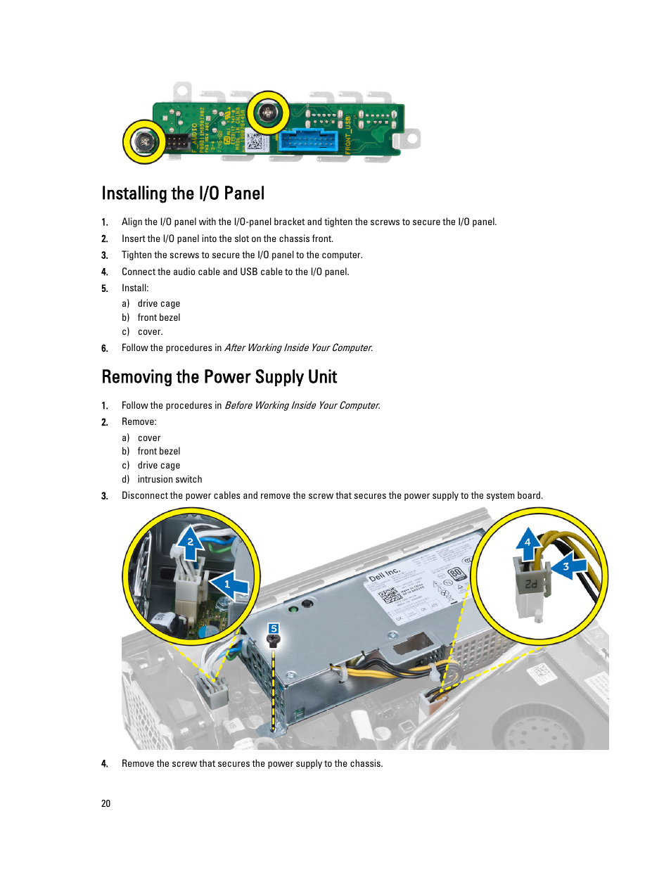 Installing the i/o panel, Removing the power supply unit | Dell OptiPlex 9020 (Mid 2013) User Manual | Page 20 / 59