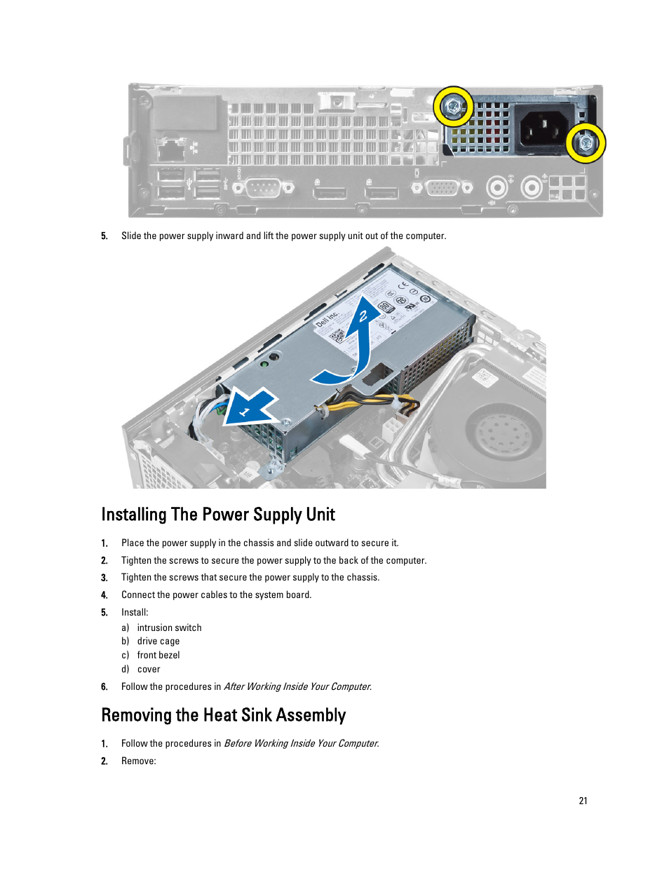 Installing the power supply unit, Removing the heat sink assembly | Dell OptiPlex 9020 (Mid 2013) User Manual | Page 21 / 59
