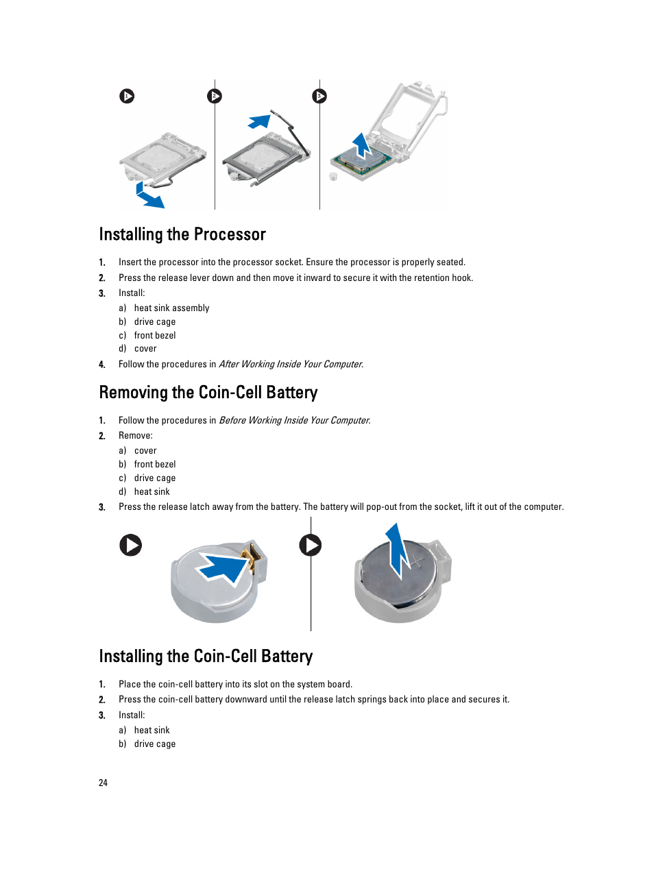 Installing the processor, Removing the coin-cell battery, Installing the coin-cell battery | Dell OptiPlex 9020 (Mid 2013) User Manual | Page 24 / 59