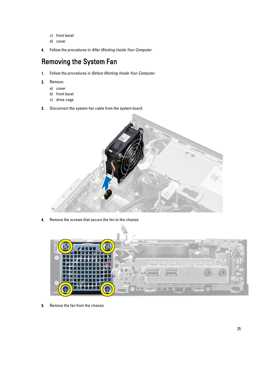 Removing the system fan | Dell OptiPlex 9020 (Mid 2013) User Manual | Page 25 / 59