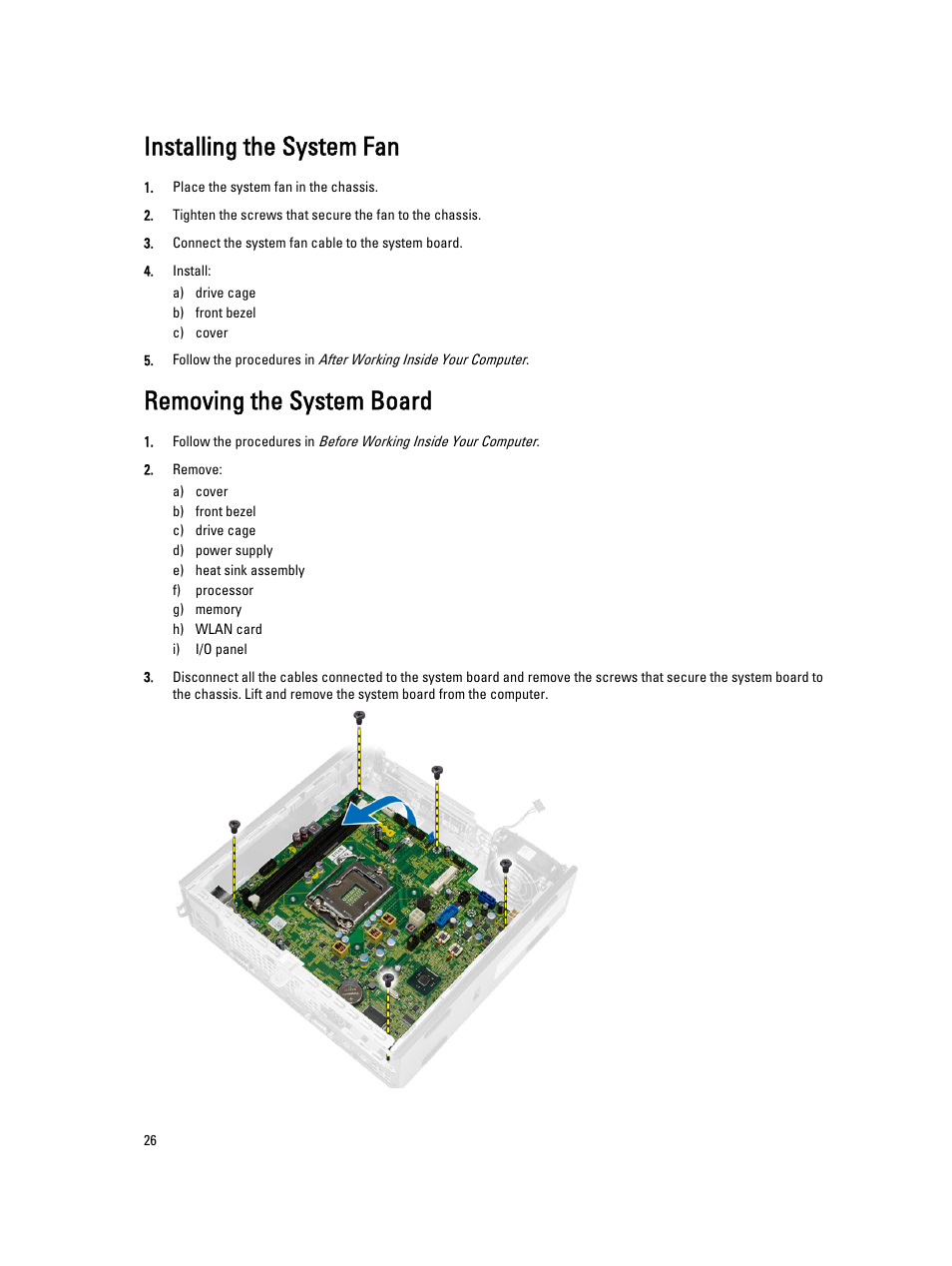 Installing the system fan, Removing the system board | Dell OptiPlex 9020 (Mid 2013) User Manual | Page 26 / 59