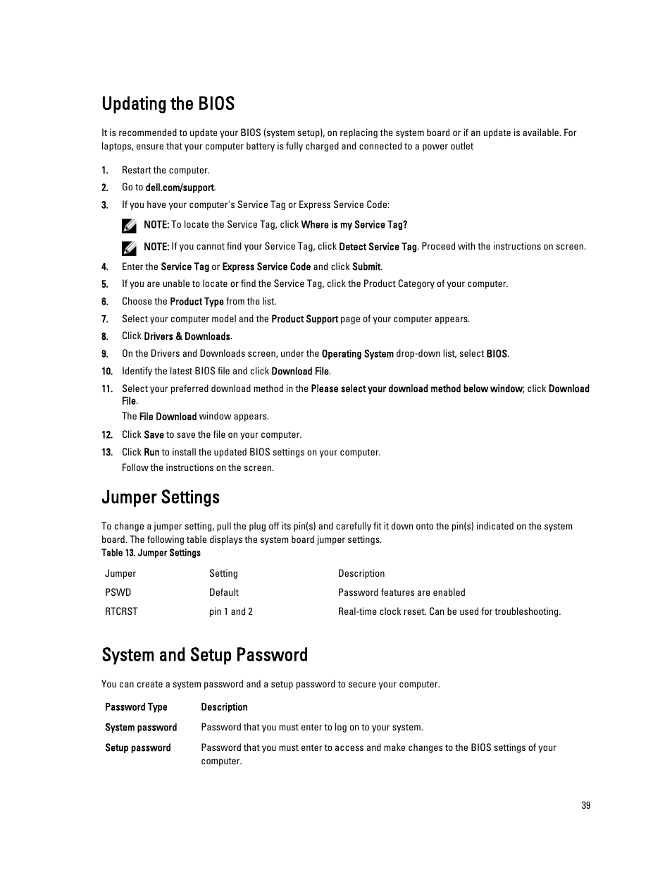 Updating the bios, Jumper settings, System and setup password | Dell OptiPlex 9020 (Mid 2013) User Manual | Page 39 / 59