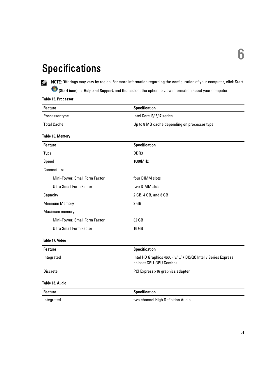 Specifications, 6 specifications | Dell OptiPlex 9020 (Mid 2013) User Manual | Page 51 / 59