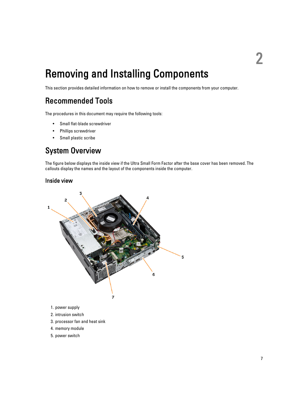 Removing and installing components, Recommended tools, System overview | Inside view, 2 removing and installing components | Dell OptiPlex 9020 (Mid 2013) User Manual | Page 7 / 59