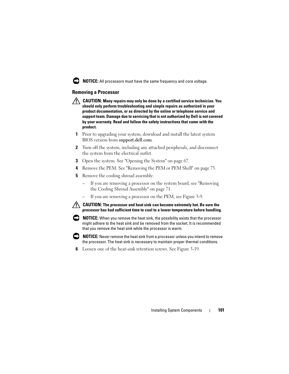 Removing a processor | Dell PowerEdge R905 User Manual | Page 101 / 202