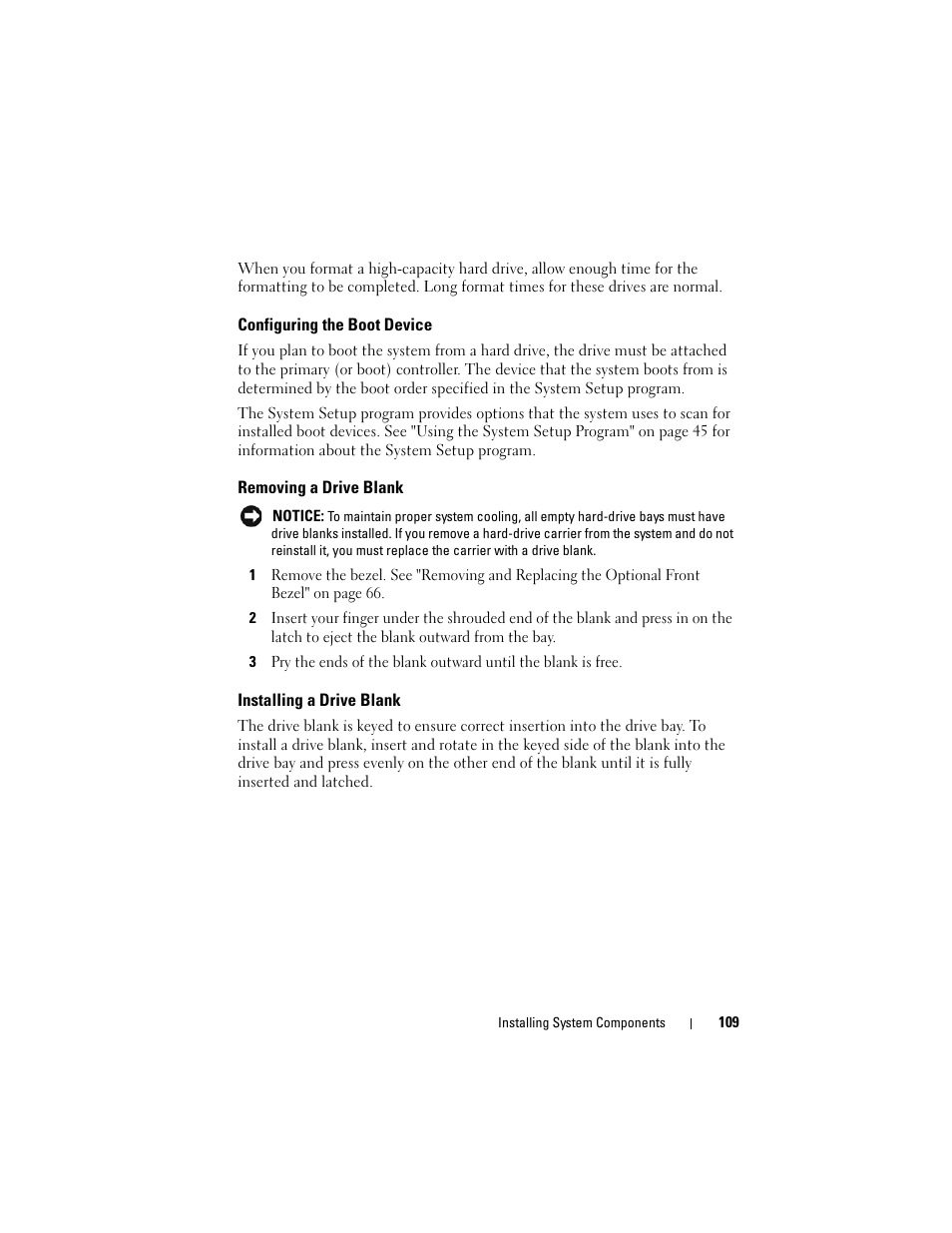 Configuring the boot device, Removing a drive blank, Installing a drive blank | Dell PowerEdge R905 User Manual | Page 109 / 202