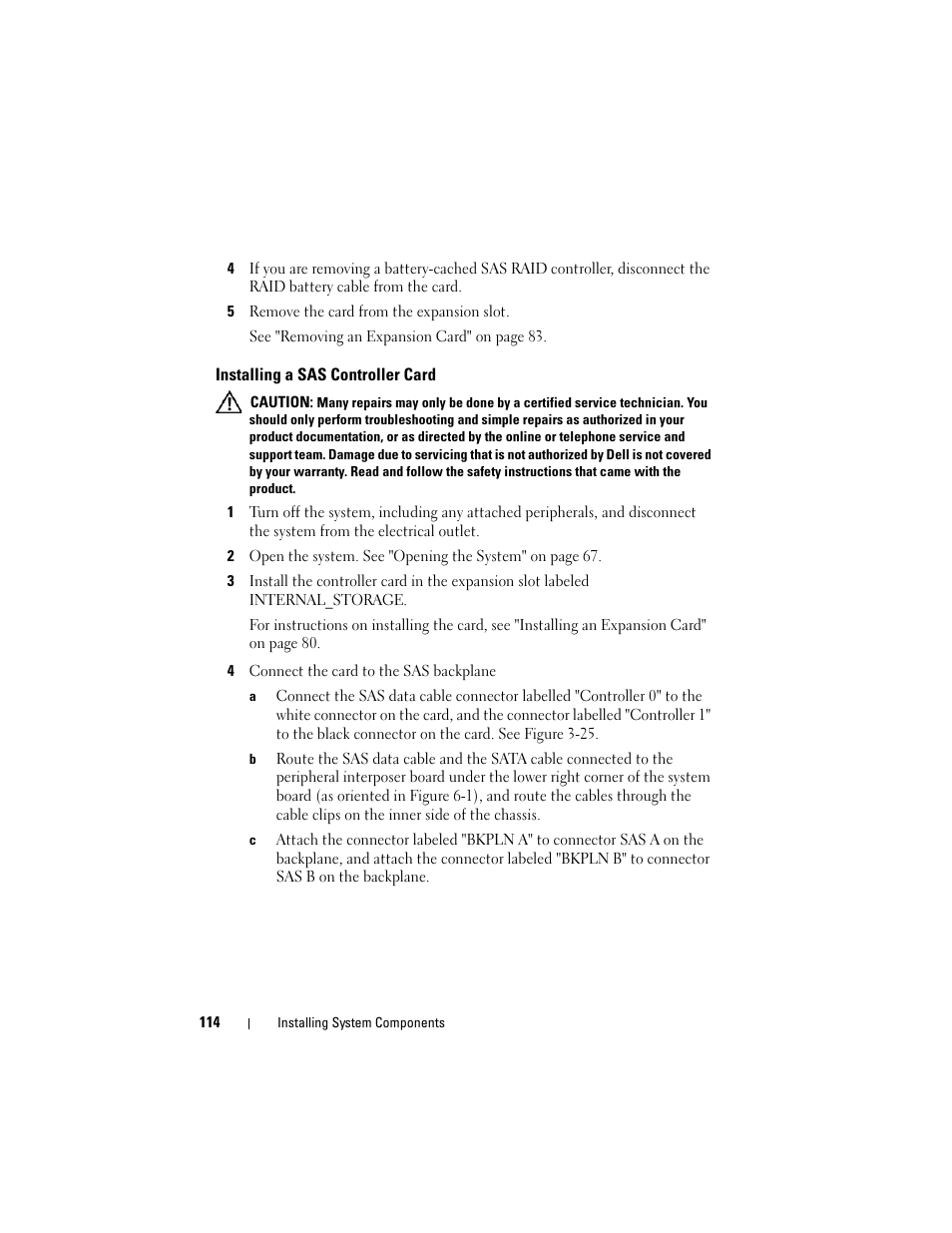 Installing a sas controller card | Dell PowerEdge R905 User Manual | Page 114 / 202