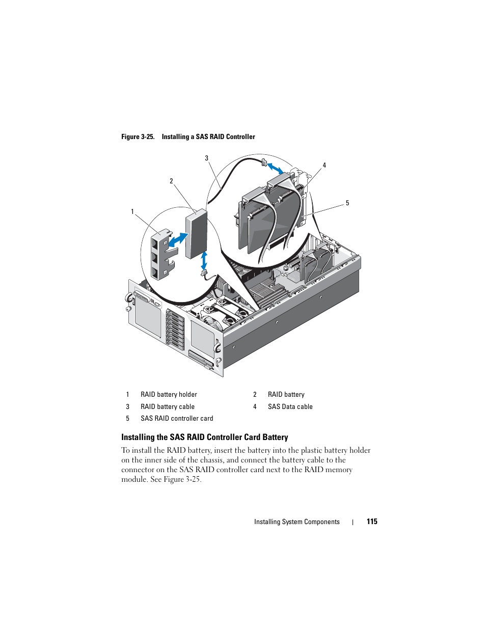 Installing the sas raid controller card battery, D. see figure 3-25 | Dell PowerEdge R905 User Manual | Page 115 / 202