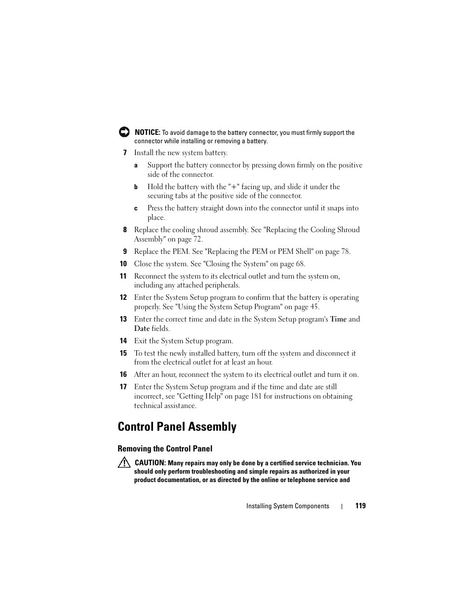 Control panel assembly, Removing the control panel | Dell PowerEdge R905 User Manual | Page 119 / 202