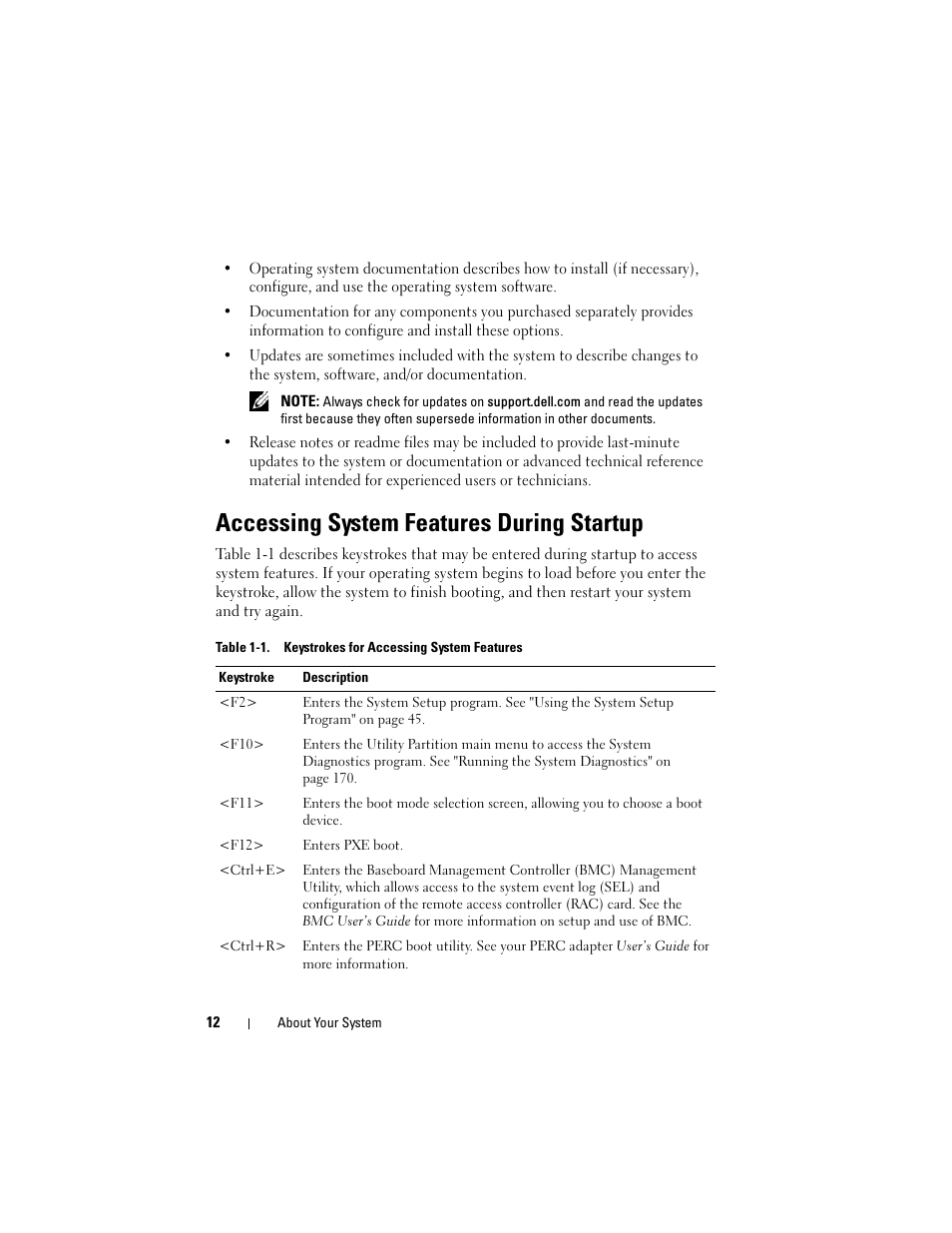 Accessing system features during startup | Dell PowerEdge R905 User Manual | Page 12 / 202