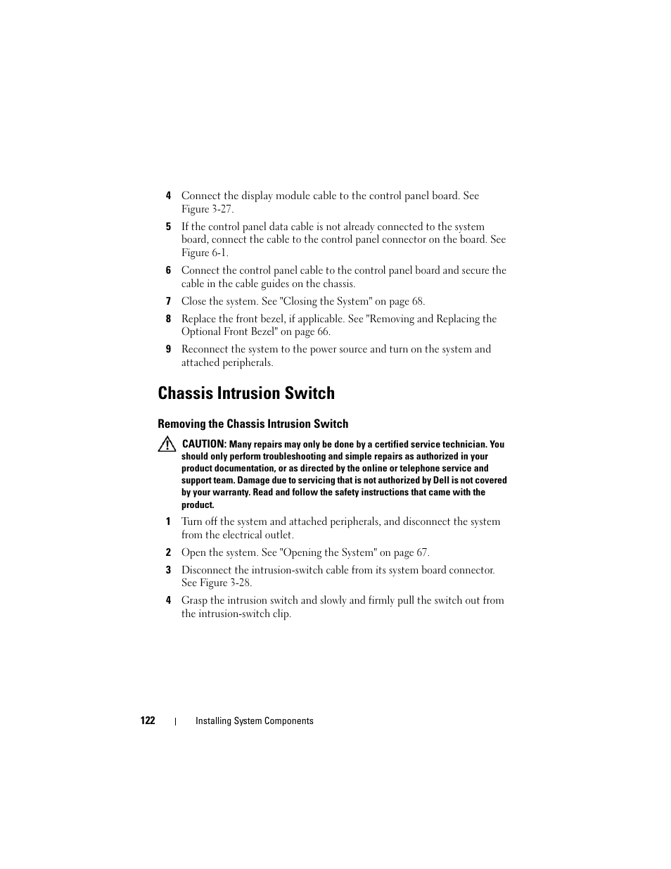 Chassis intrusion switch, Removing the chassis intrusion switch | Dell PowerEdge R905 User Manual | Page 122 / 202