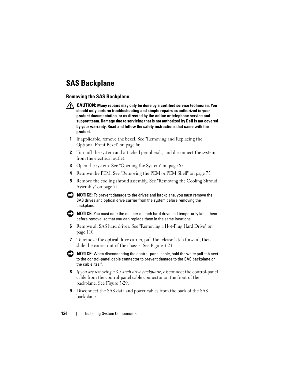 Sas backplane, Removing the sas backplane | Dell PowerEdge R905 User Manual | Page 124 / 202