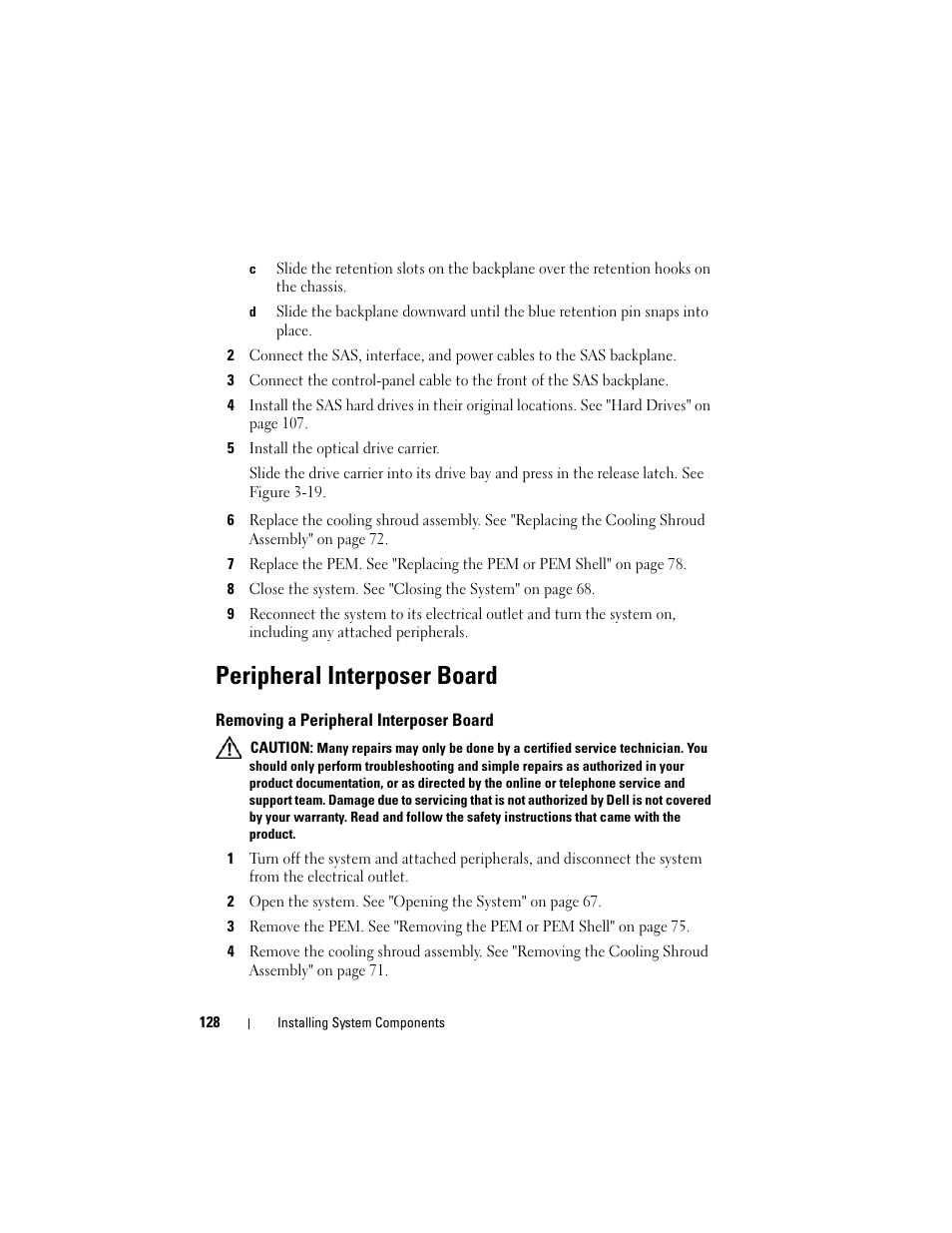 Peripheral interposer board, Removing a peripheral interposer board | Dell PowerEdge R905 User Manual | Page 128 / 202