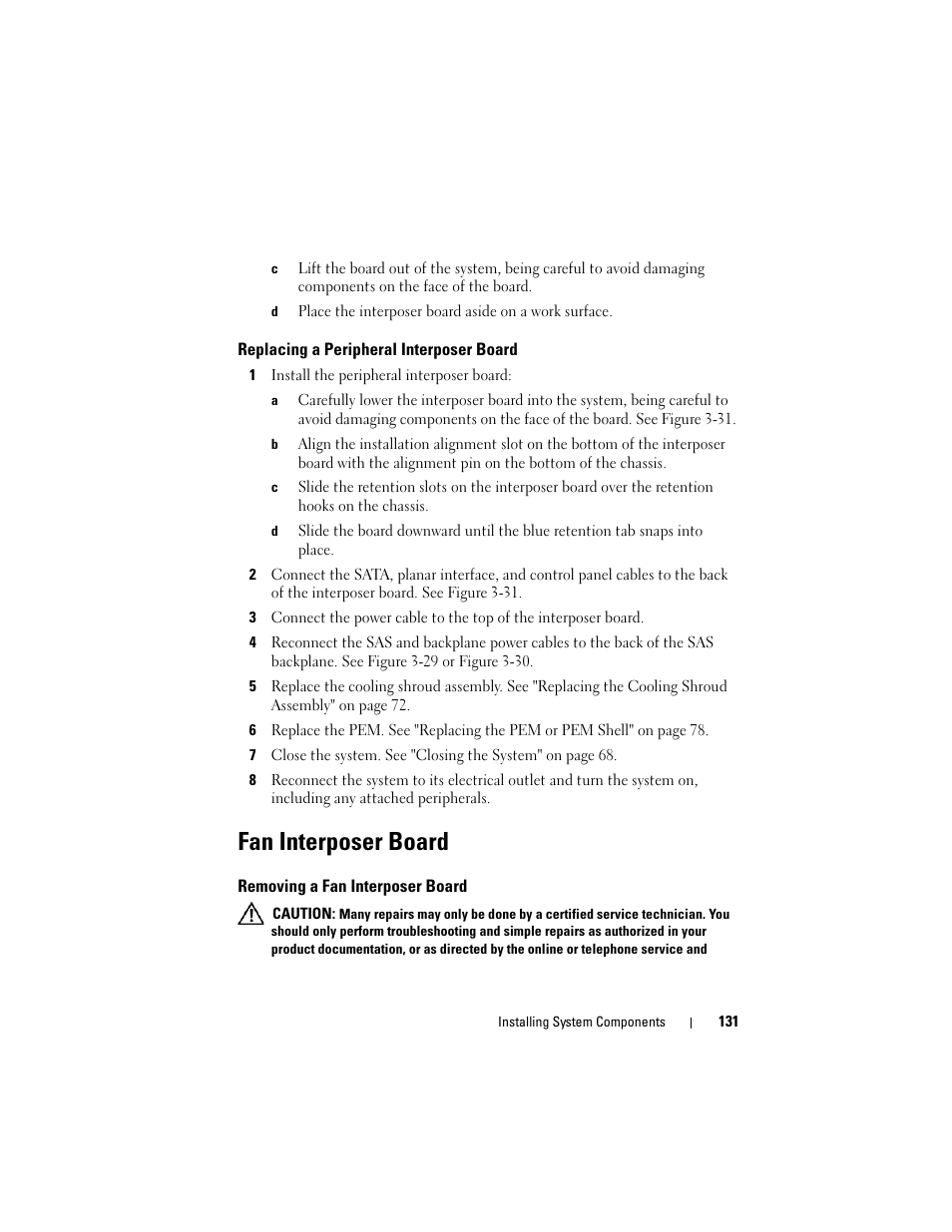 Replacing a peripheral interposer board, Fan interposer board, Removing a fan interposer board | Dell PowerEdge R905 User Manual | Page 131 / 202