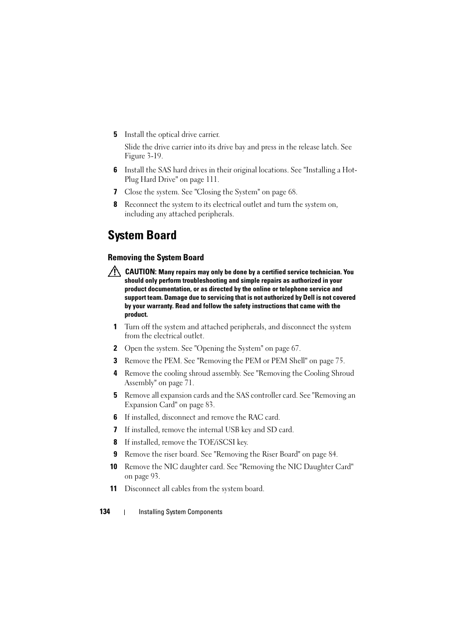 System board, Removing the system board | Dell PowerEdge R905 User Manual | Page 134 / 202
