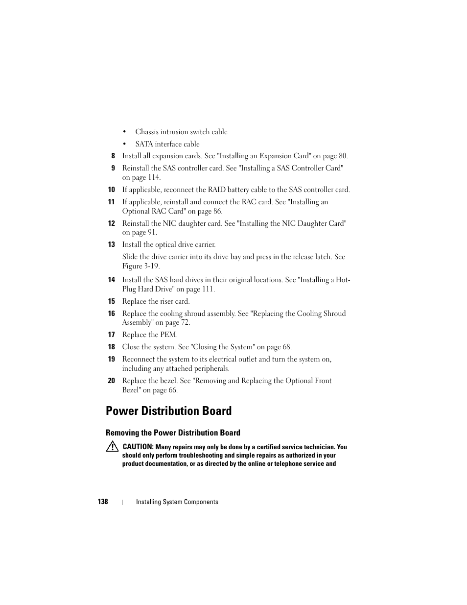 Power distribution board, Removing the power distribution board | Dell PowerEdge R905 User Manual | Page 138 / 202