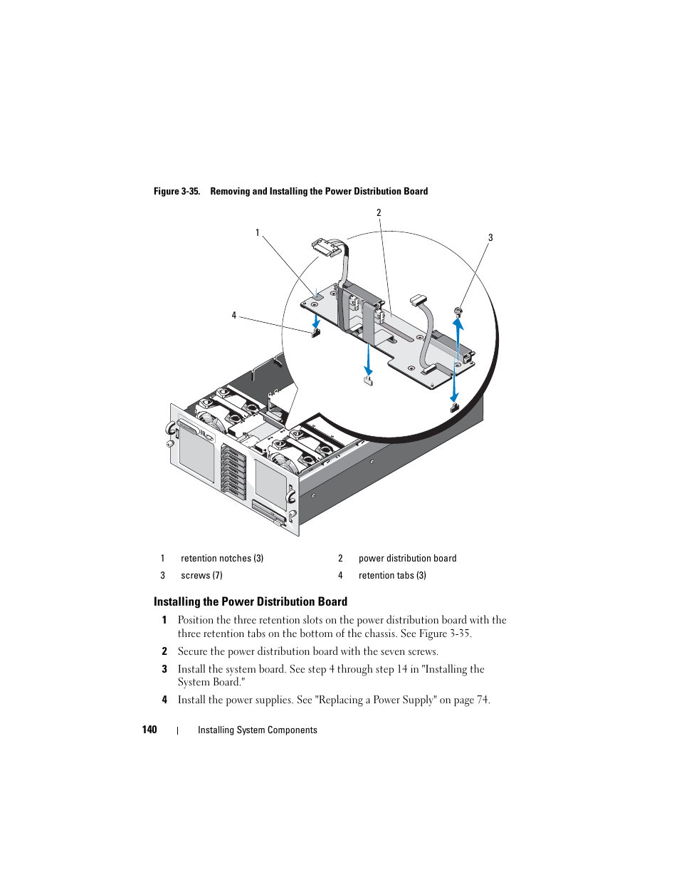 Installing the power distribution board | Dell PowerEdge R905 User Manual | Page 140 / 202