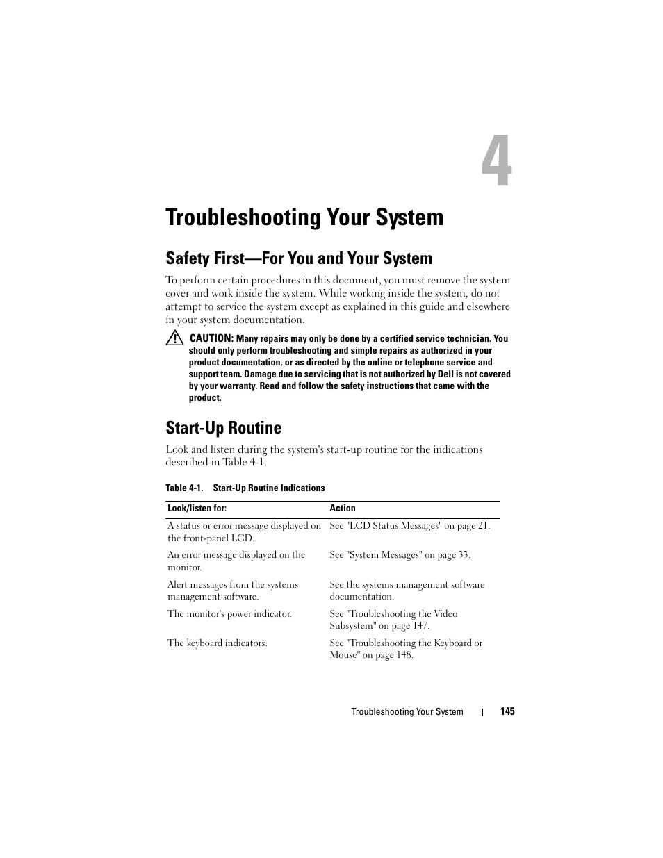 Troubleshooting your system, Safety first-for you and your system, Start-up routine | Safety first—for you and your system | Dell PowerEdge R905 User Manual | Page 145 / 202