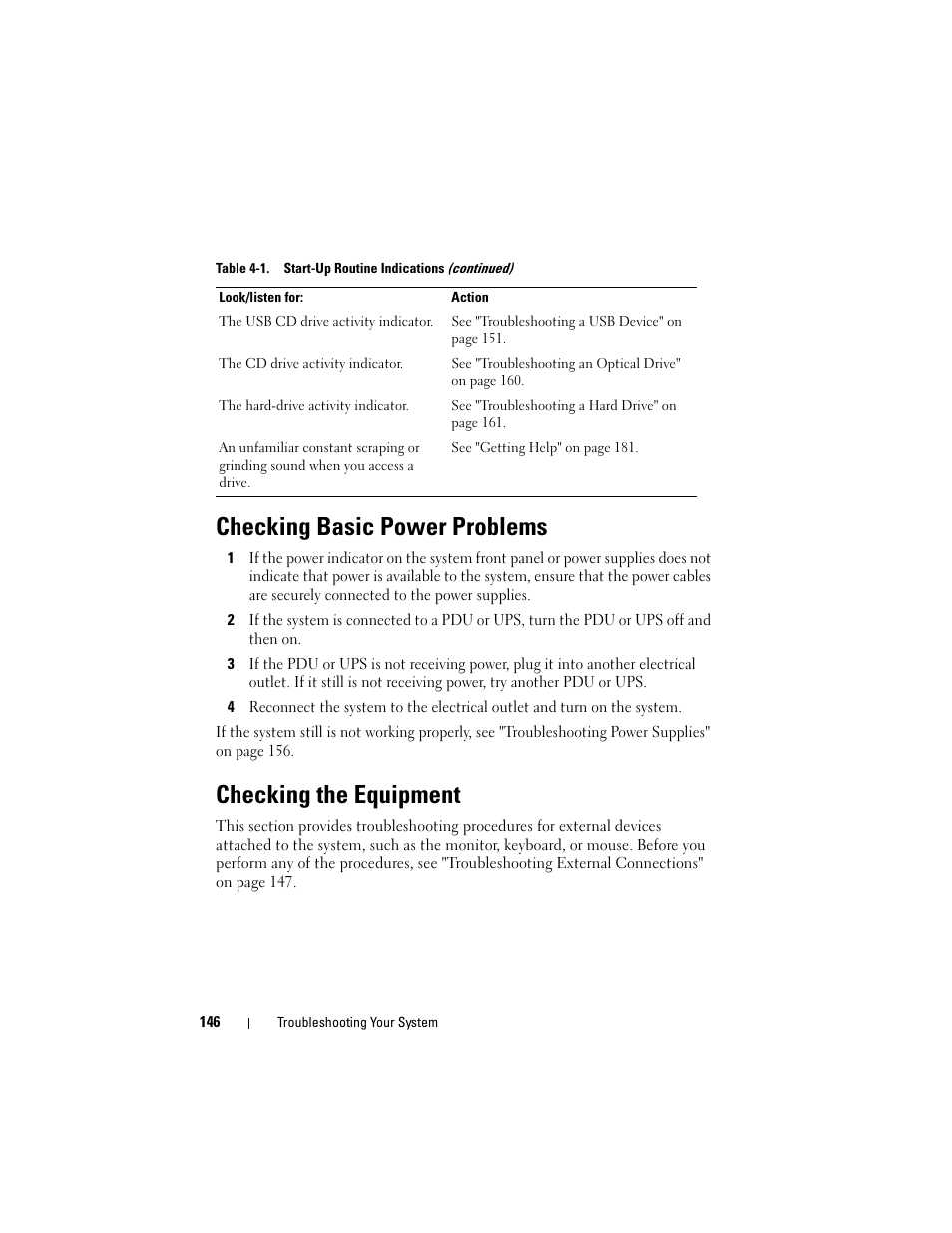 Checking basic power problems, Checking the equipment | Dell PowerEdge R905 User Manual | Page 146 / 202