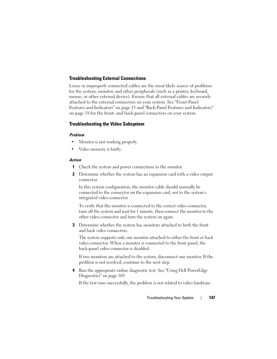 Troubleshooting external connections, Troubleshooting the video subsystem | Dell PowerEdge R905 User Manual | Page 147 / 202