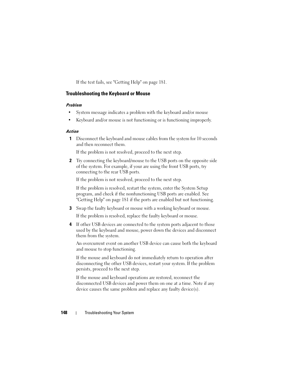 Troubleshooting the keyboard or mouse | Dell PowerEdge R905 User Manual | Page 148 / 202