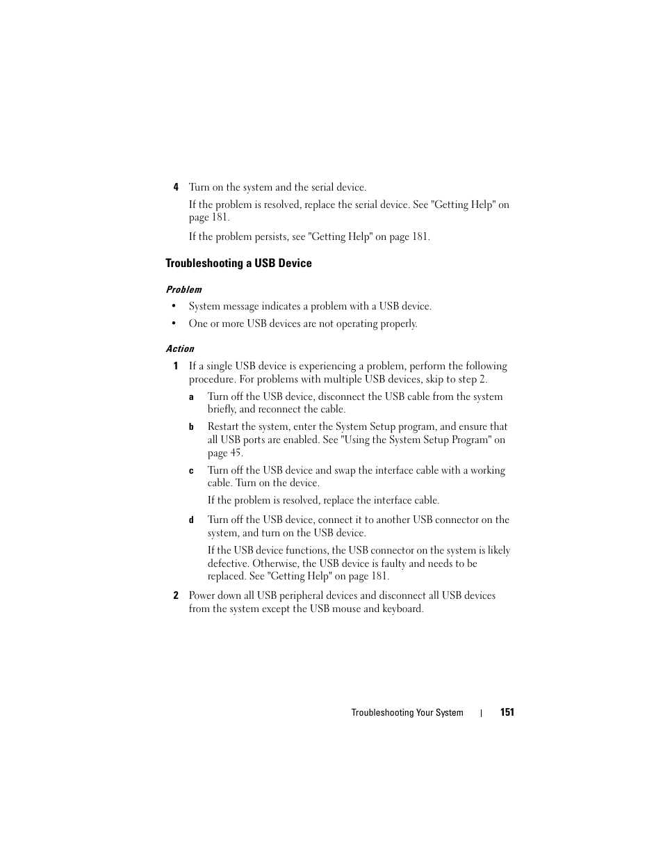Troubleshooting a usb device | Dell PowerEdge R905 User Manual | Page 151 / 202