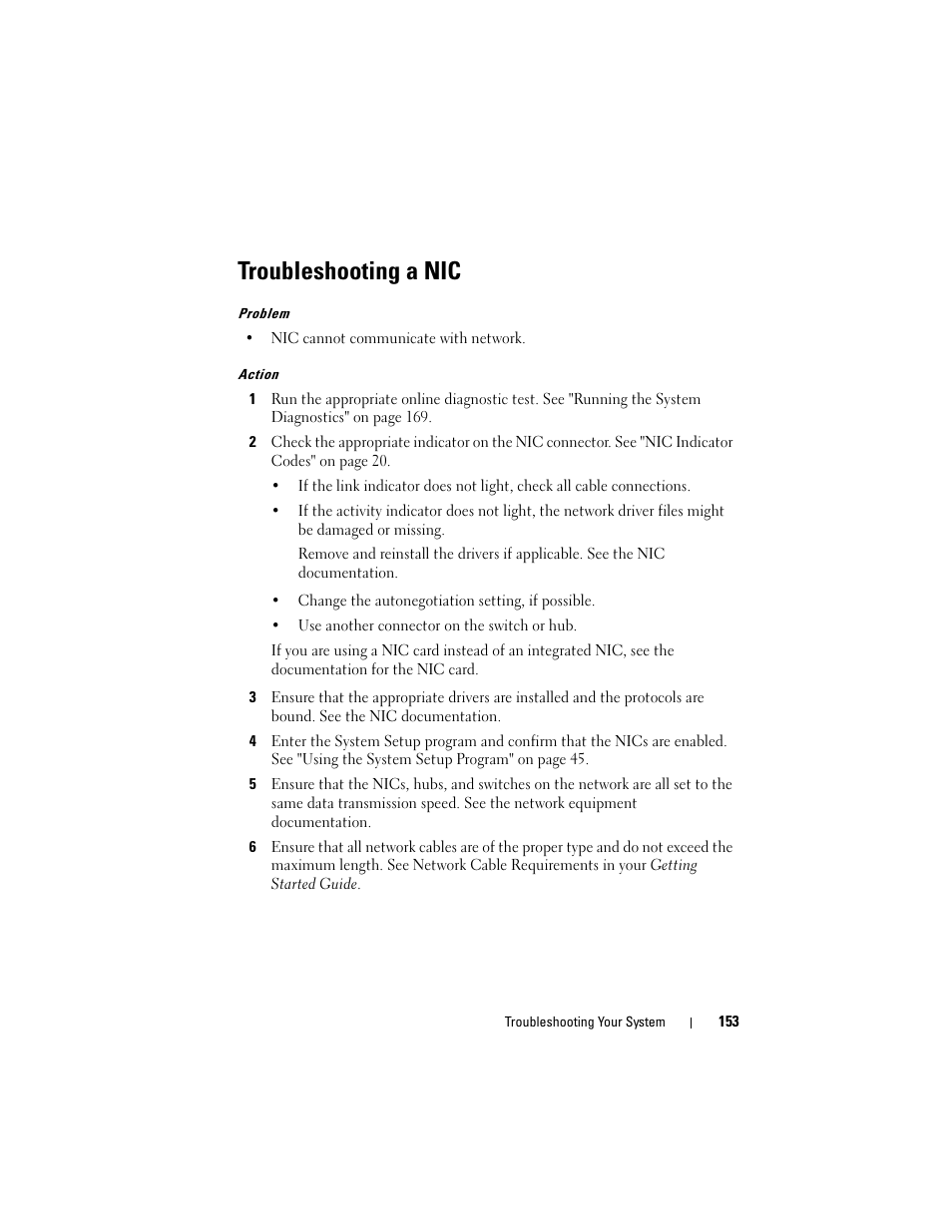 Troubleshooting a nic | Dell PowerEdge R905 User Manual | Page 153 / 202