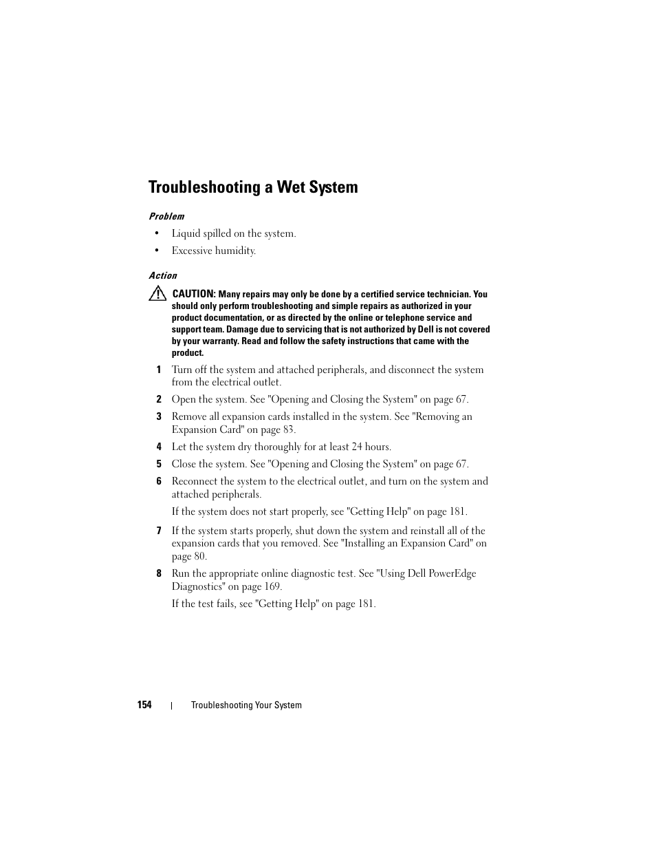 Troubleshooting a wet system | Dell PowerEdge R905 User Manual | Page 154 / 202