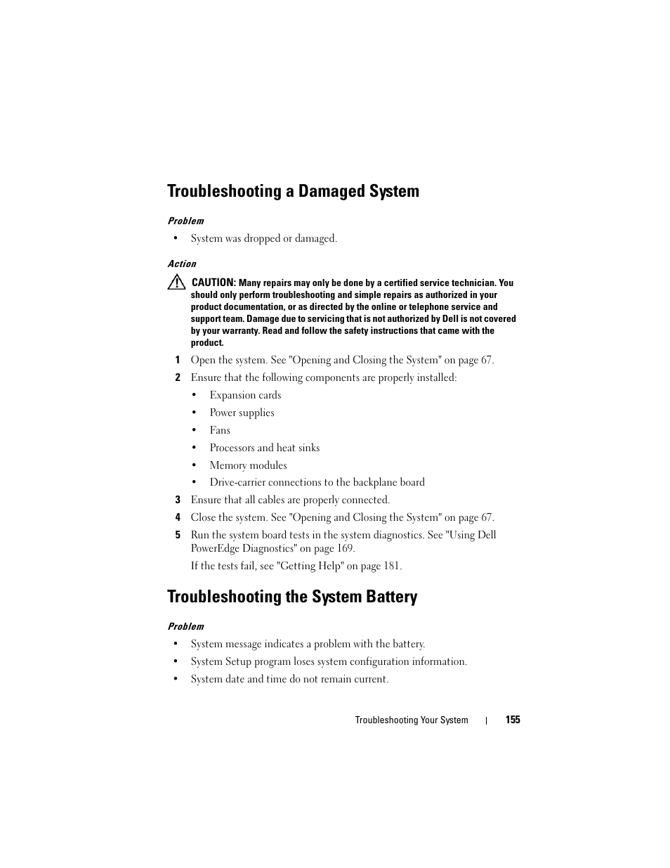 Troubleshooting a damaged system, Troubleshooting the system battery | Dell PowerEdge R905 User Manual | Page 155 / 202