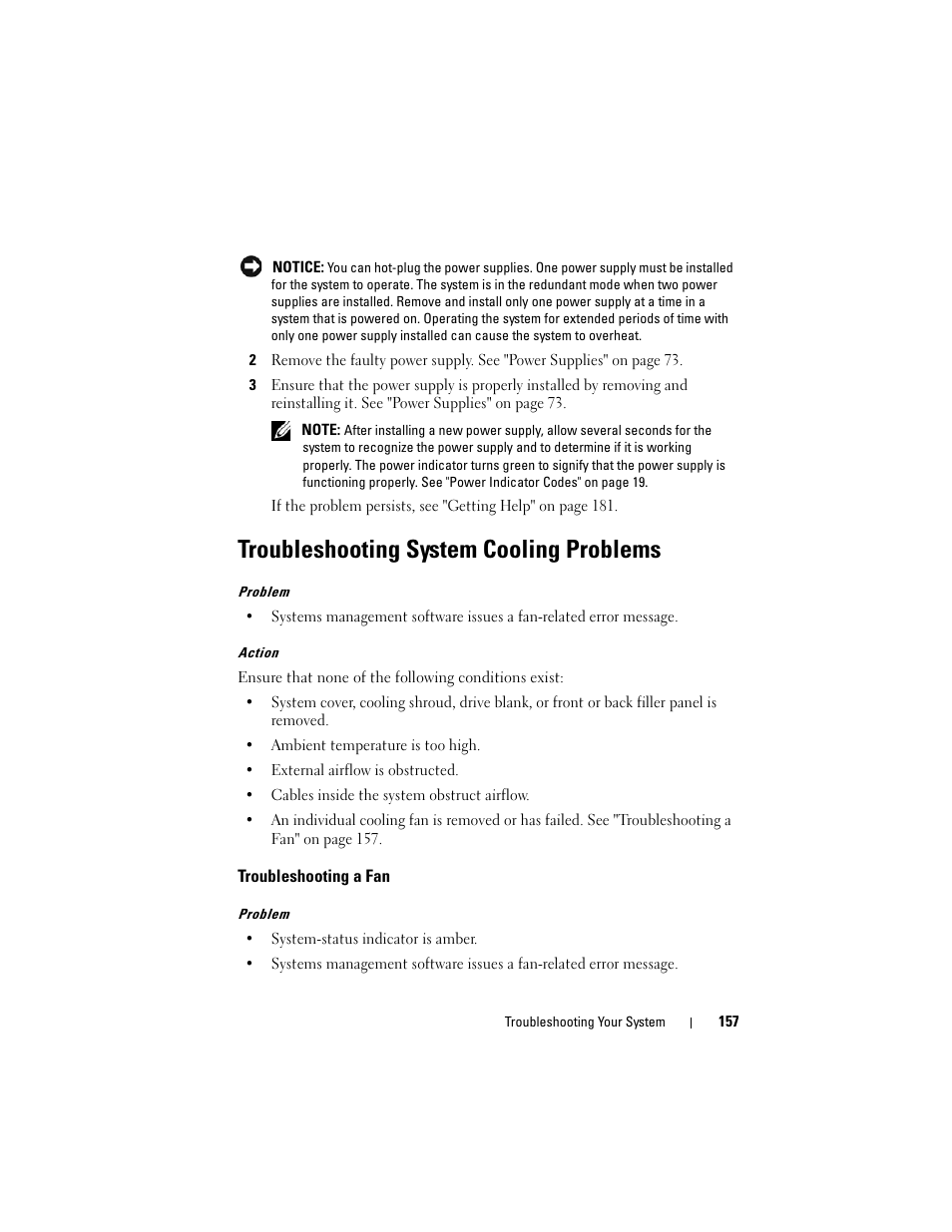 Troubleshooting system cooling problems, Troubleshooting a fan | Dell PowerEdge R905 User Manual | Page 157 / 202