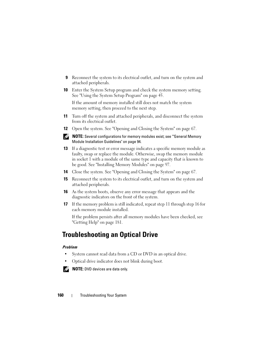 Troubleshooting an optical drive | Dell PowerEdge R905 User Manual | Page 160 / 202