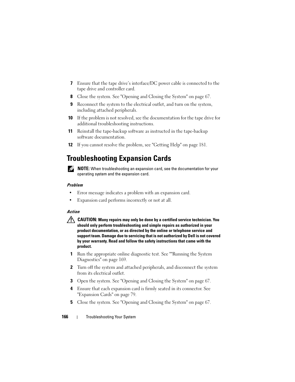 Troubleshooting expansion cards | Dell PowerEdge R905 User Manual | Page 166 / 202