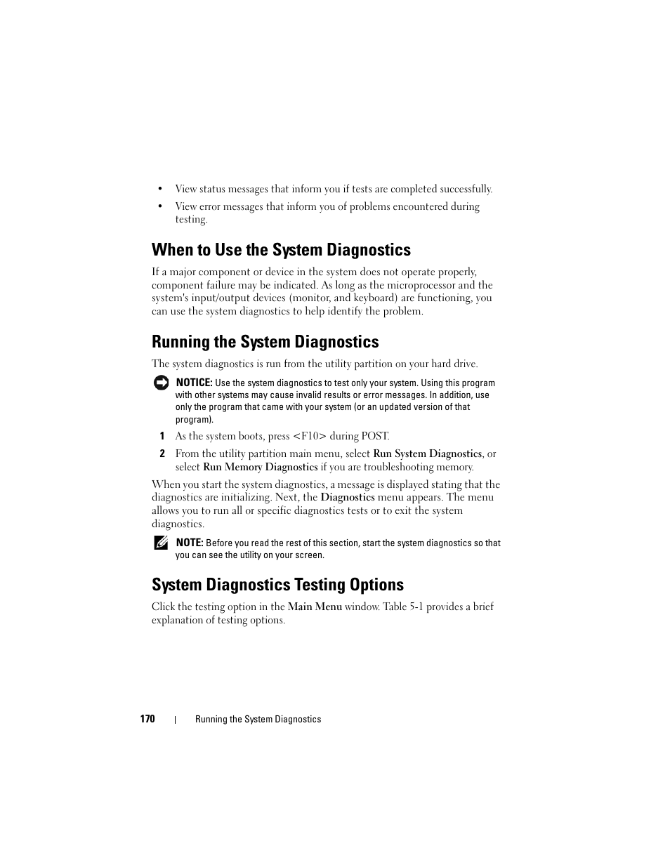 When to use the system diagnostics, Running the system diagnostics, System diagnostics testing options | Dell PowerEdge R905 User Manual | Page 170 / 202