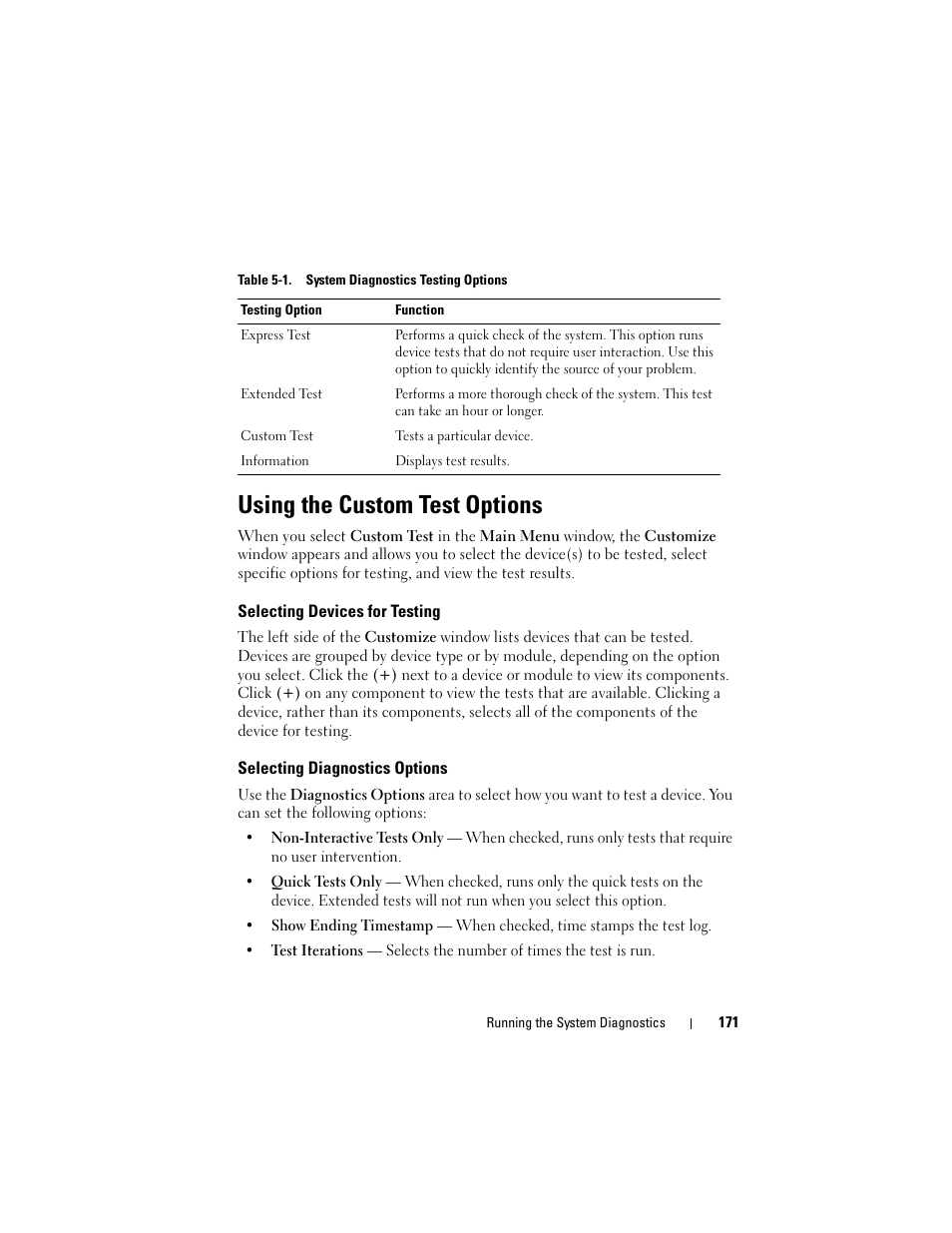 Using the custom test options, Selecting devices for testing, Selecting diagnostics options | Dell PowerEdge R905 User Manual | Page 171 / 202